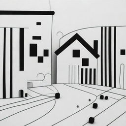 A cute scene composed of thick lines, presented solely in black and white.