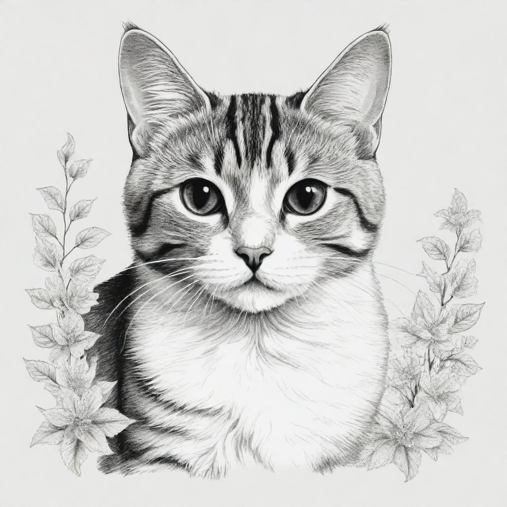 A cute cat in detailed linework with a black and white color scheme