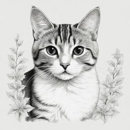 A cute cat in detailed linework with a black and white color scheme