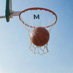 A basketball entering the hoop with the text 'Patrón' appearing above and 'Mejia' below.