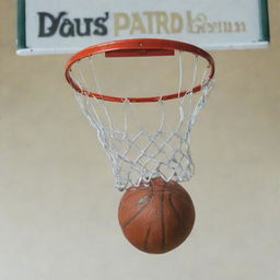 A basketball entering the hoop with the text 'Patrón' appearing above and 'Mejia' below.