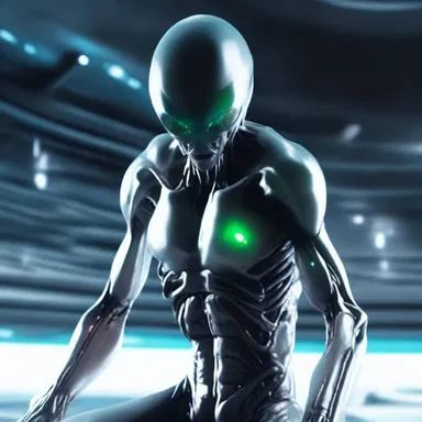 As the alien creature emerged from the spaceship, it stopped for a moment, clutching its chest in a pang of pain.