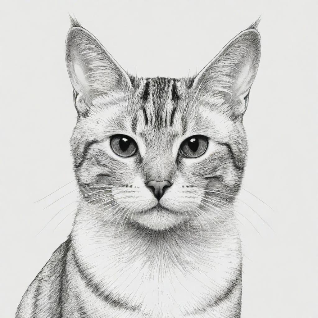 A black and white detailed line-drawing of a cat