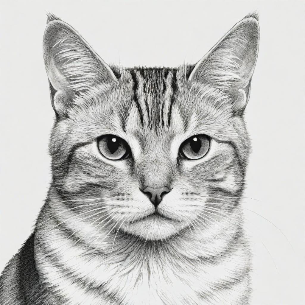 A black and white detailed line-drawing of a cat