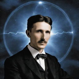 Nikola Tesla stands at the epicenter of a cosmic convergence, his advanced inventions pulsating with radiant energy. This energy forms a breathtaking bridge between a supernatural dimension and the earthly realm.