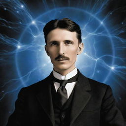 Nikola Tesla stands at the epicenter of a cosmic convergence, his advanced inventions pulsating with radiant energy. This energy forms a breathtaking bridge between a supernatural dimension and the earthly realm.