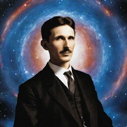 Nikola Tesla stands at the epicenter of a cosmic convergence, his advanced inventions pulsating with radiant energy. This energy forms a breathtaking bridge between a supernatural dimension and the earthly realm.