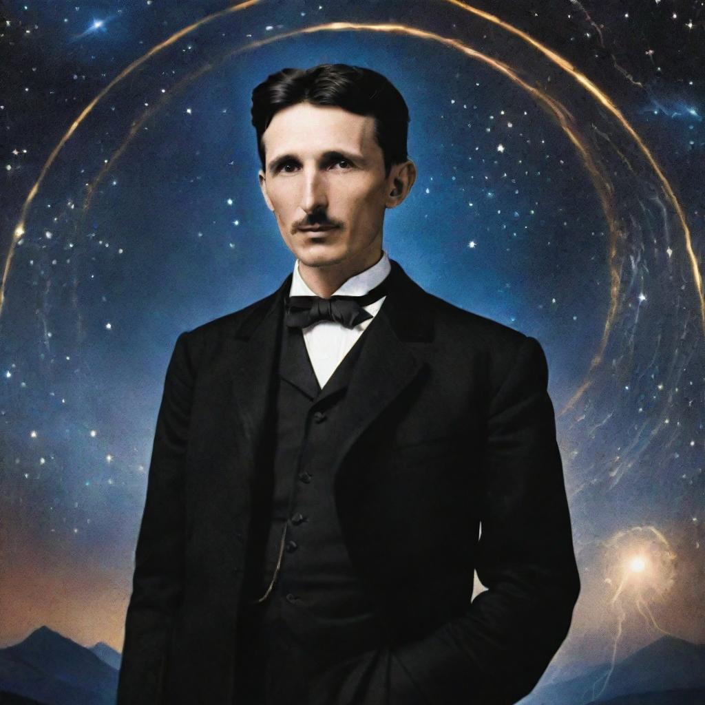 Nikola Tesla stands at the epicenter of a cosmic convergence, his advanced inventions pulsating with radiant energy. This energy forms a breathtaking bridge between a supernatural dimension and the earthly realm.