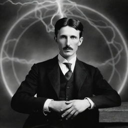 Nikola Tesla, resolute and tranquil amidst surrounding chaos, deeply engaged in telepathic communication with ethereal Aetherian beings.