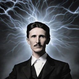 Nikola Tesla, resolute and tranquil amidst surrounding chaos, deeply engaged in telepathic communication with ethereal Aetherian beings.