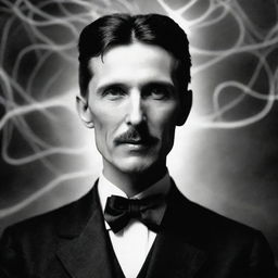 Nikola Tesla, resolute and tranquil amidst surrounding chaos, deeply engaged in telepathic communication with ethereal Aetherian beings.