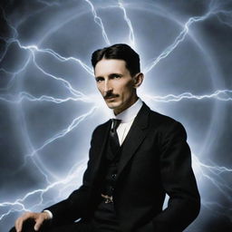 Nikola Tesla, resolute and tranquil amidst surrounding chaos, deeply engaged in telepathic communication with ethereal Aetherian beings.