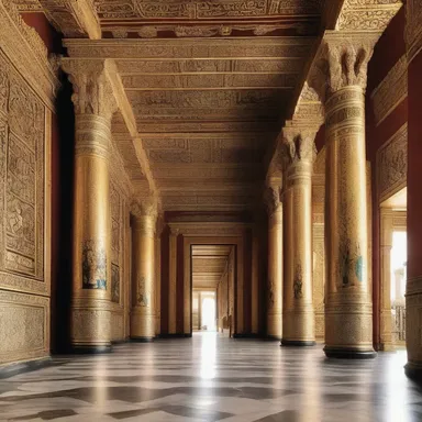 The grand entrance of the palace was adorned with symbolic elements reminiscent of saber rattling, reflecting the power and might of the ruler.