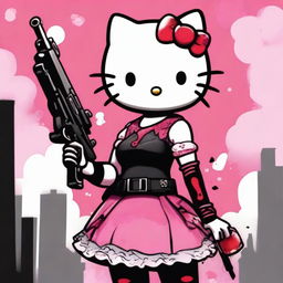 Generate an image of Hello Kitty in a darker, more mature setting