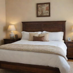 A large, cozy bed filled with soft pillows and a down comforter. The bed features a beautifully carved wooden headboard and warm, inviting bedding in soft, earthy tones.