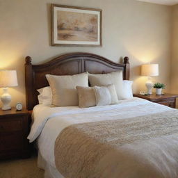 A large, cozy bed filled with soft pillows and a down comforter. The bed features a beautifully carved wooden headboard and warm, inviting bedding in soft, earthy tones.