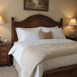 A large, cozy bed filled with soft pillows and a down comforter. The bed features a beautifully carved wooden headboard and warm, inviting bedding in soft, earthy tones.