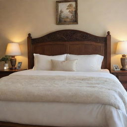 A large, cozy bed filled with soft pillows and a down comforter. The bed features a beautifully carved wooden headboard and warm, inviting bedding in soft, earthy tones.