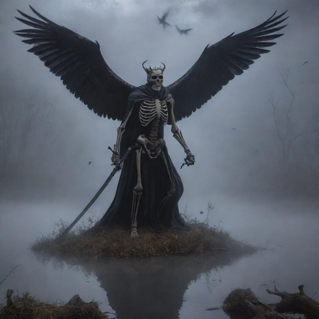 In the heart of a foggy twilight, a skeletal king, cloaked and crowned, brandishes his sword. A mouse weaves curious patterns on the ground below. In the nebulous background flows a seated river while a vigilant hawk soars the ghostly skies above.