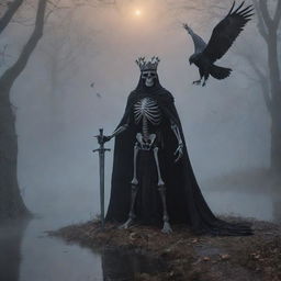 In the heart of a foggy twilight, a skeletal king, cloaked and crowned, brandishes his sword. A mouse weaves curious patterns on the ground below. In the nebulous background flows a seated river while a vigilant hawk soars the ghostly skies above.