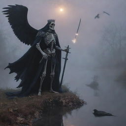 In the heart of a foggy twilight, a skeletal king, cloaked and crowned, brandishes his sword. A mouse weaves curious patterns on the ground below. In the nebulous background flows a seated river while a vigilant hawk soars the ghostly skies above.