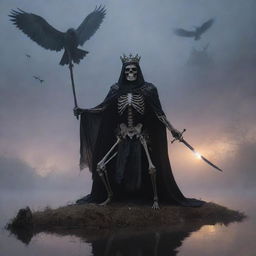 In the heart of a foggy twilight, a skeletal king, cloaked and crowned, brandishes his sword. A mouse weaves curious patterns on the ground below. In the nebulous background flows a seated river while a vigilant hawk soars the ghostly skies above.