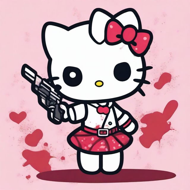 Create an image of Hello Kitty in a cute outfit, holding a gun with a hint of blood present