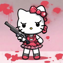 Create an image of Hello Kitty in a cute outfit, holding a gun with a hint of blood present