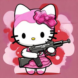 Create an image of Hello Kitty in a cute outfit, holding a gun with a hint of blood present