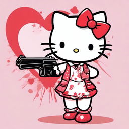 Create an image of Hello Kitty in a cute outfit, holding a gun with a hint of blood present