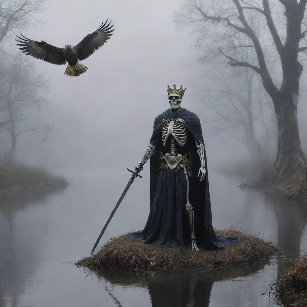 A lordly skeleton king, cape-clad, wields a sword and wears a crown amidst ethereal foggy darkness. A serene river course in the background, while above, a hawk and a dove coexist, painting a scene of imminent paradox.