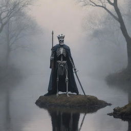 A lordly skeleton king, cape-clad, wields a sword and wears a crown amidst ethereal foggy darkness. A serene river course in the background, while above, a hawk and a dove coexist, painting a scene of imminent paradox.