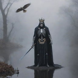 A lordly skeleton king, cape-clad, wields a sword and wears a crown amidst ethereal foggy darkness. A serene river course in the background, while above, a hawk and a dove coexist, painting a scene of imminent paradox.