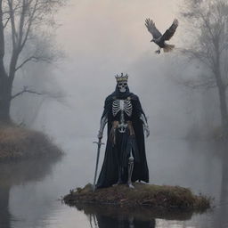 A lordly skeleton king, cape-clad, wields a sword and wears a crown amidst ethereal foggy darkness. A serene river course in the background, while above, a hawk and a dove coexist, painting a scene of imminent paradox.