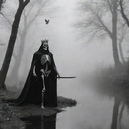 Cloaked within foggy darkness, a skeleton king with a crown and sword reigns supreme. A winding river flows subtly in the monochrome background where a hawk and a raven complete this spectral panorama, their outlines barely visible against the gloomy backdrop.