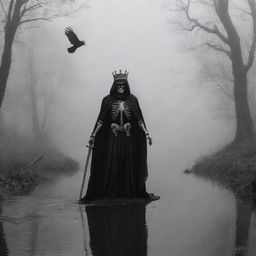 Cloaked within foggy darkness, a skeleton king with a crown and sword reigns supreme. A winding river flows subtly in the monochrome background where a hawk and a raven complete this spectral panorama, their outlines barely visible against the gloomy backdrop.