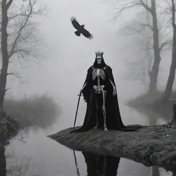 Cloaked within foggy darkness, a skeleton king with a crown and sword reigns supreme. A winding river flows subtly in the monochrome background where a hawk and a raven complete this spectral panorama, their outlines barely visible against the gloomy backdrop.