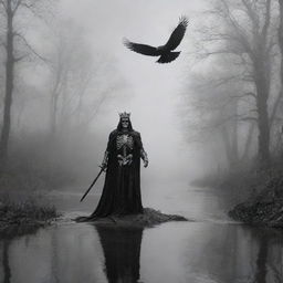 Cloaked within foggy darkness, a skeleton king with a crown and sword reigns supreme. A winding river flows subtly in the monochrome background where a hawk and a raven complete this spectral panorama, their outlines barely visible against the gloomy backdrop.