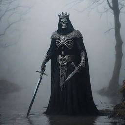 A regal skeleton king, adorned with a belt, ring, crowned, and wielding a sword, cloaked in the eerie foggy abyss. The murky silence is pierced by a nearby river's flow, whilst a hawk, suspended in the ghostly backdrop, surveys the scene.