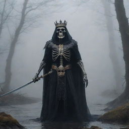 A regal skeleton king, adorned with a belt, ring, crowned, and wielding a sword, cloaked in the eerie foggy abyss. The murky silence is pierced by a nearby river's flow, whilst a hawk, suspended in the ghostly backdrop, surveys the scene.