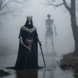 A regal skeleton king, adorned with a belt, ring, crowned, and wielding a sword, cloaked in the eerie foggy abyss. The murky silence is pierced by a nearby river's flow, whilst a hawk, suspended in the ghostly backdrop, surveys the scene.