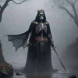 A regal skeleton king, adorned with a belt, ring, crowned, and wielding a sword, cloaked in the eerie foggy abyss. The murky silence is pierced by a nearby river's flow, whilst a hawk, suspended in the ghostly backdrop, surveys the scene.