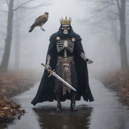 Enveloped in foggy obscurity, a skeleton king adorned with a belt and crown, sternly brandishes his sword, his cape billowing through the cold air. A whispering river carves its path in the ambiguous backdrop where a solitary hawk patrols the quiet skies.