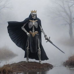 Enveloped in foggy obscurity, a skeleton king adorned with a belt and crown, sternly brandishes his sword, his cape billowing through the cold air. A whispering river carves its path in the ambiguous backdrop where a solitary hawk patrols the quiet skies.