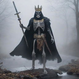 Enveloped in foggy obscurity, a skeleton king adorned with a belt and crown, sternly brandishes his sword, his cape billowing through the cold air. A whispering river carves its path in the ambiguous backdrop where a solitary hawk patrols the quiet skies.