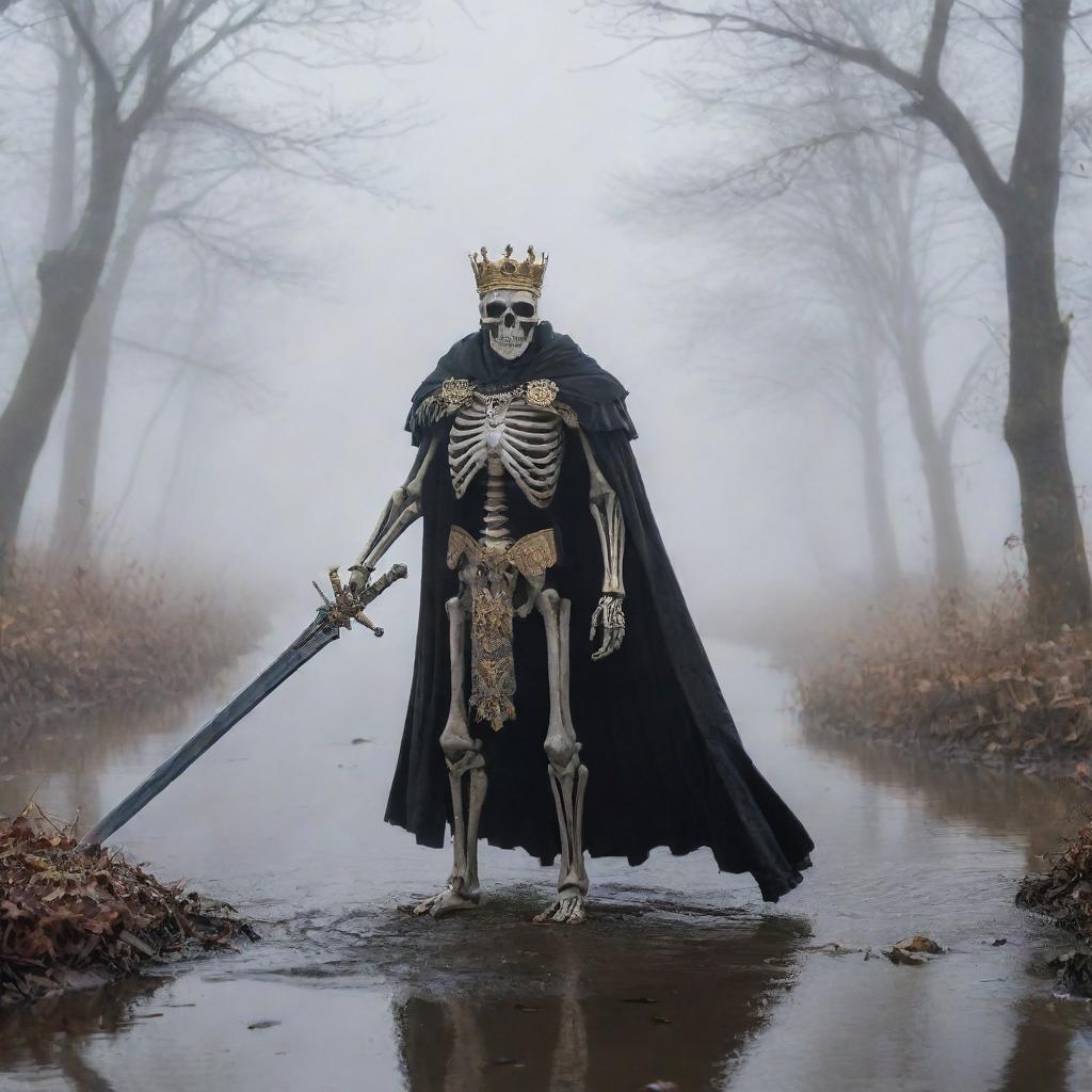 Enveloped in foggy obscurity, a skeleton king adorned with a belt and crown, sternly brandishes his sword, his cape billowing through the cold air. A whispering river carves its path in the ambiguous backdrop where a solitary hawk patrols the quiet skies.