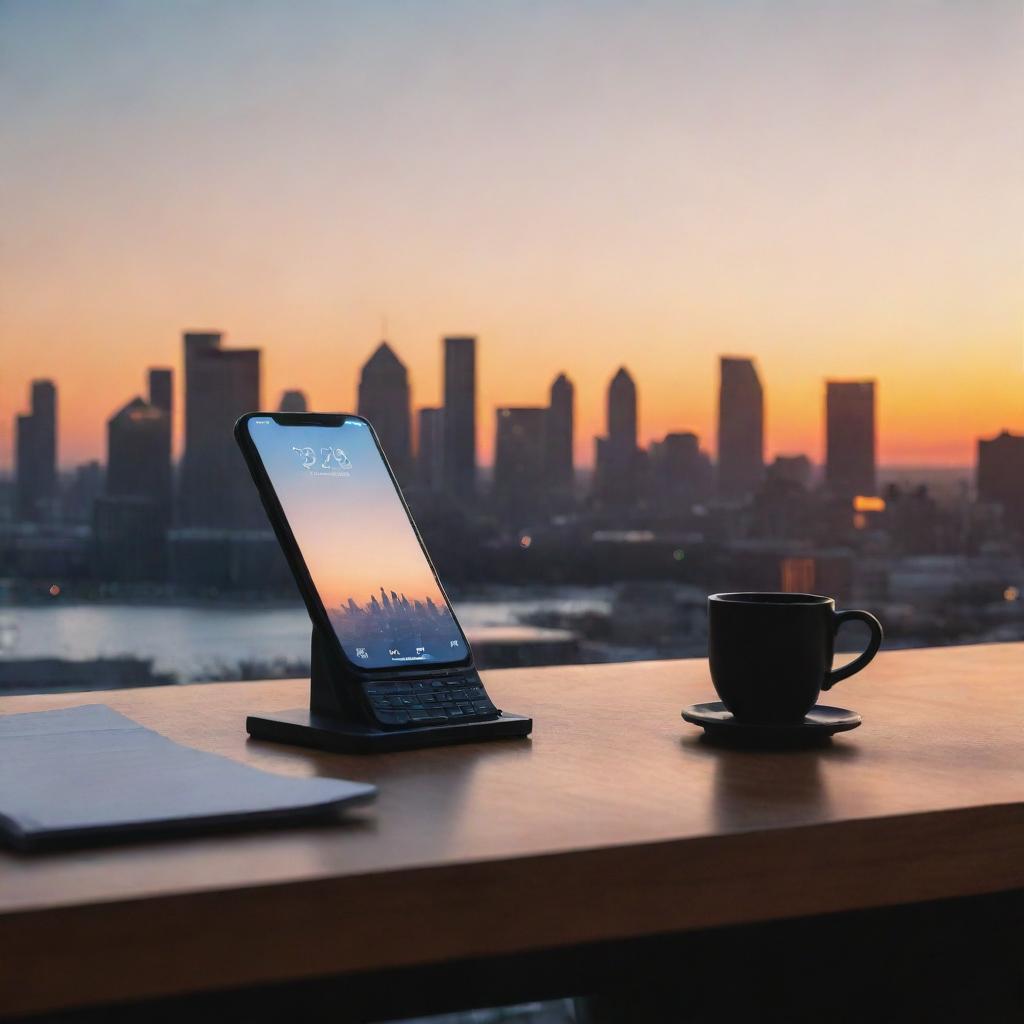 A sophisticated, high-end, and minimalist phone wallpaper featuring elements associated with business, such as a sleek desk setup, currency symbols, and a city skyline during sunset.