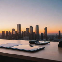 A sophisticated, high-end, and minimalist phone wallpaper featuring elements associated with business, such as a sleek desk setup, currency symbols, and a city skyline during sunset.