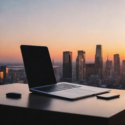 A sophisticated, high-end, and minimalist phone wallpaper featuring elements associated with business, such as a sleek desk setup, currency symbols, and a city skyline during sunset.