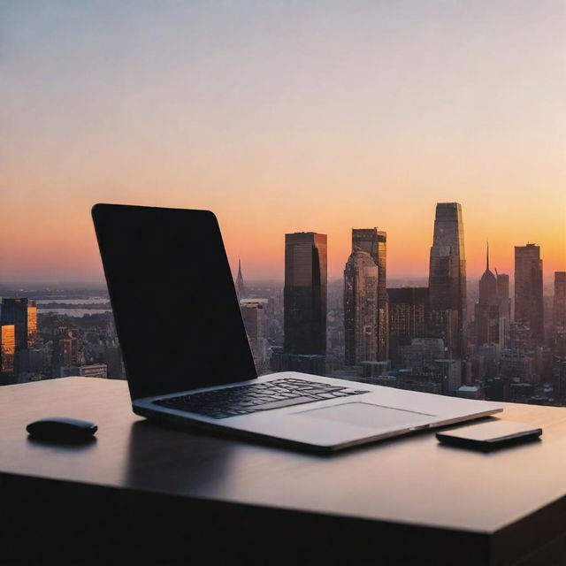 A sophisticated, high-end, and minimalist phone wallpaper featuring elements associated with business, such as a sleek desk setup, currency symbols, and a city skyline during sunset.